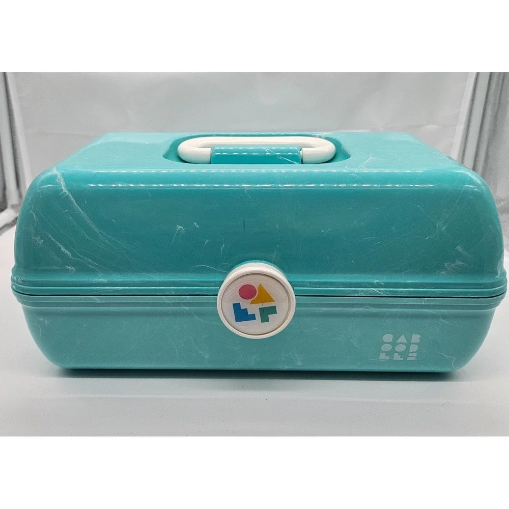 Caboodles Vintage‎ Teal Marble Swirl Carry All Cosmetic Makeup Organizer Case